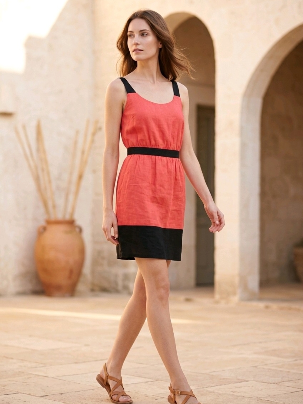 LOFT Coral and Black Sleeveless Colorblock Dress